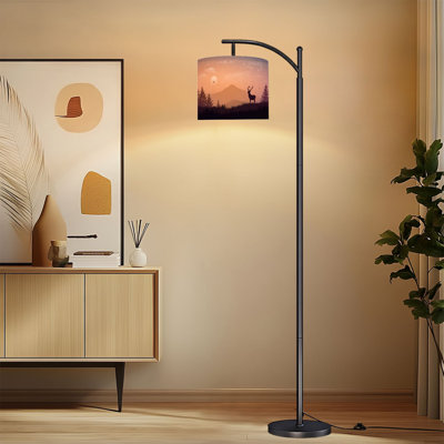 Lampe sur pied à arc avec abat-jour réglable, paysage de montagne, cerfs, oiseaux, soleil, silhouette, chasse, lampe sur pied, 3 températures de couleur, intensité variable, grand mât avec interrupteur au pied pour la chambre à coucher