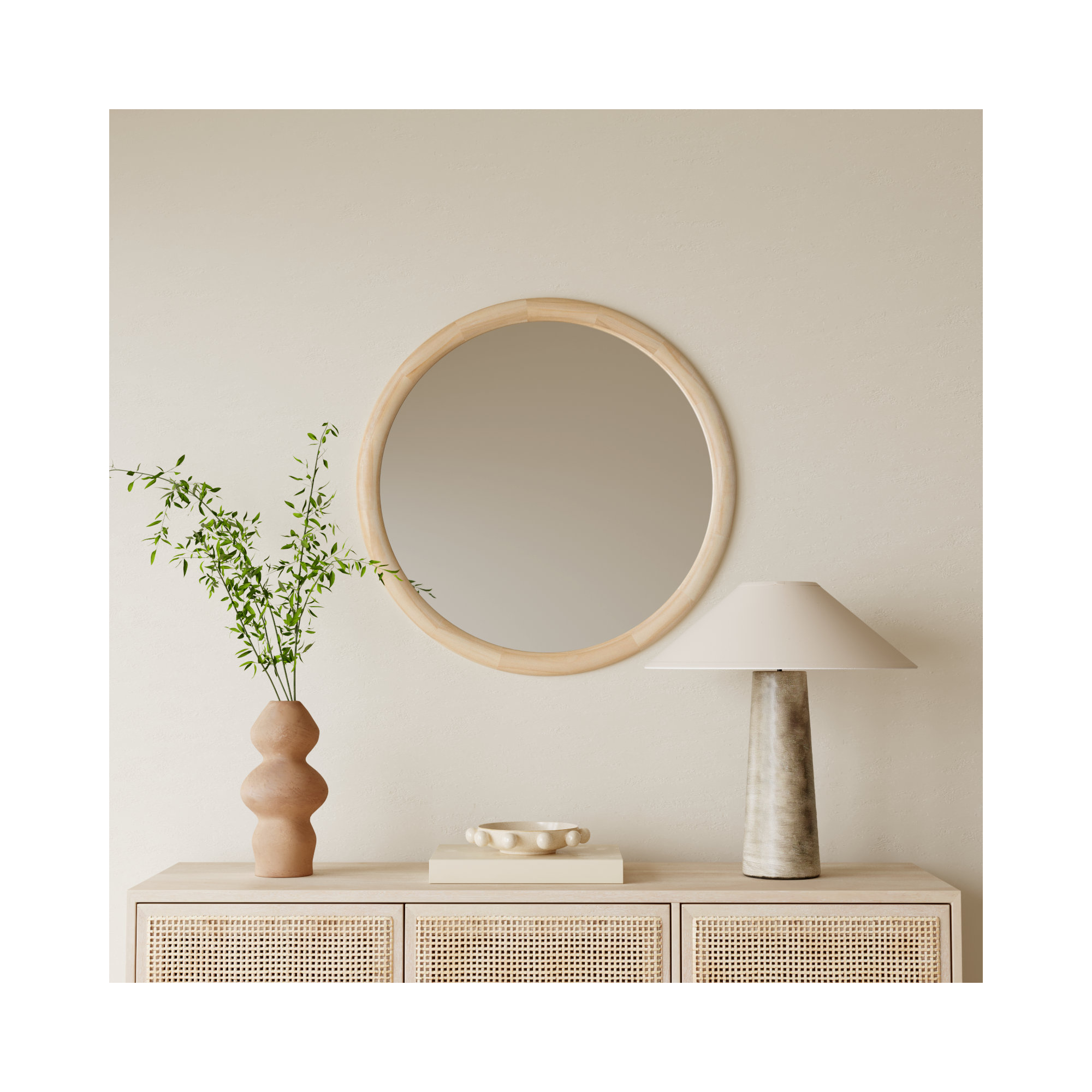 Breezewood Wooden Round Bathroom Wall Mirror, Natural