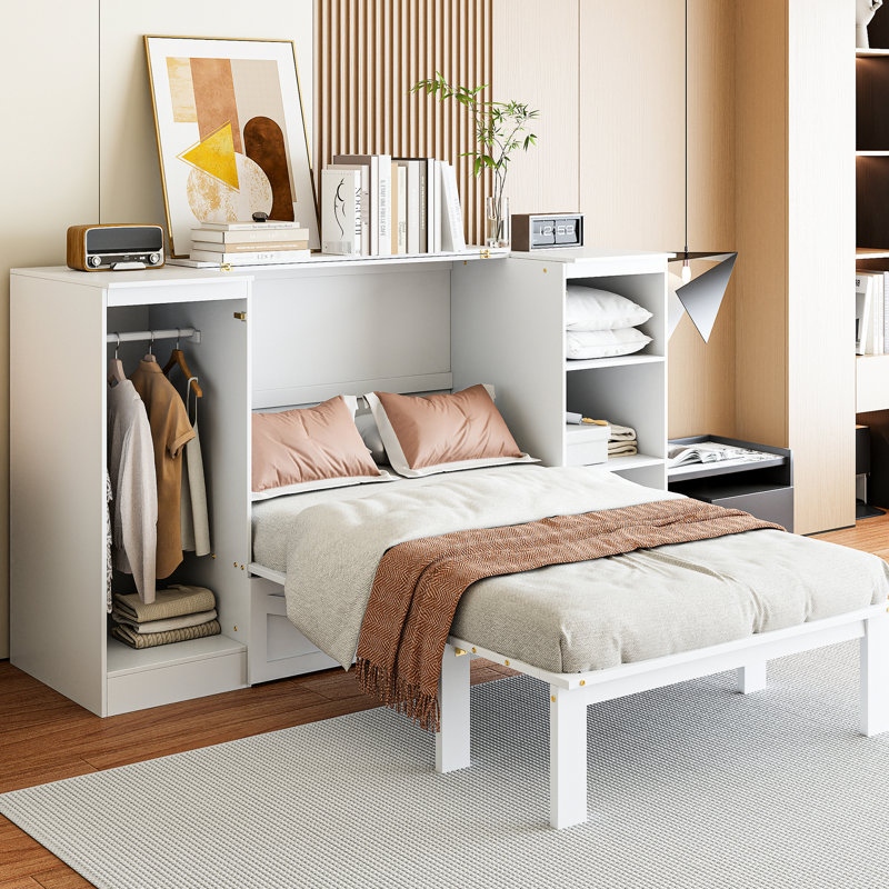 Lit simple avec tablette de chevet et garde-robe de rangement - blanc, solution pratique avec tablettes blanches