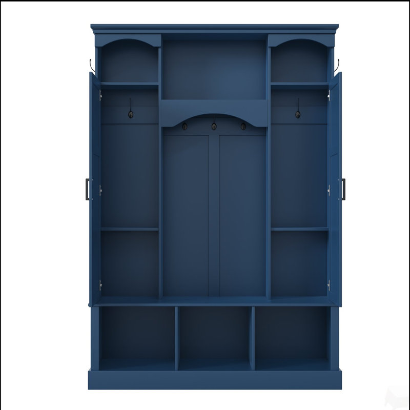 Modern All-in-One Hall Tree with Adjustable Shelves, Classic Arched Farmhouse Storage Bench with Dual Side Cabinets, Elegant Entryway Organizer with 7 Hooks for Mudroom, Hallway
