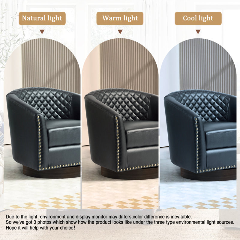 Petit fauteuil pivotant tonneau capitonné Bennett avec garniture cloutée Bennett, Similicuir noir