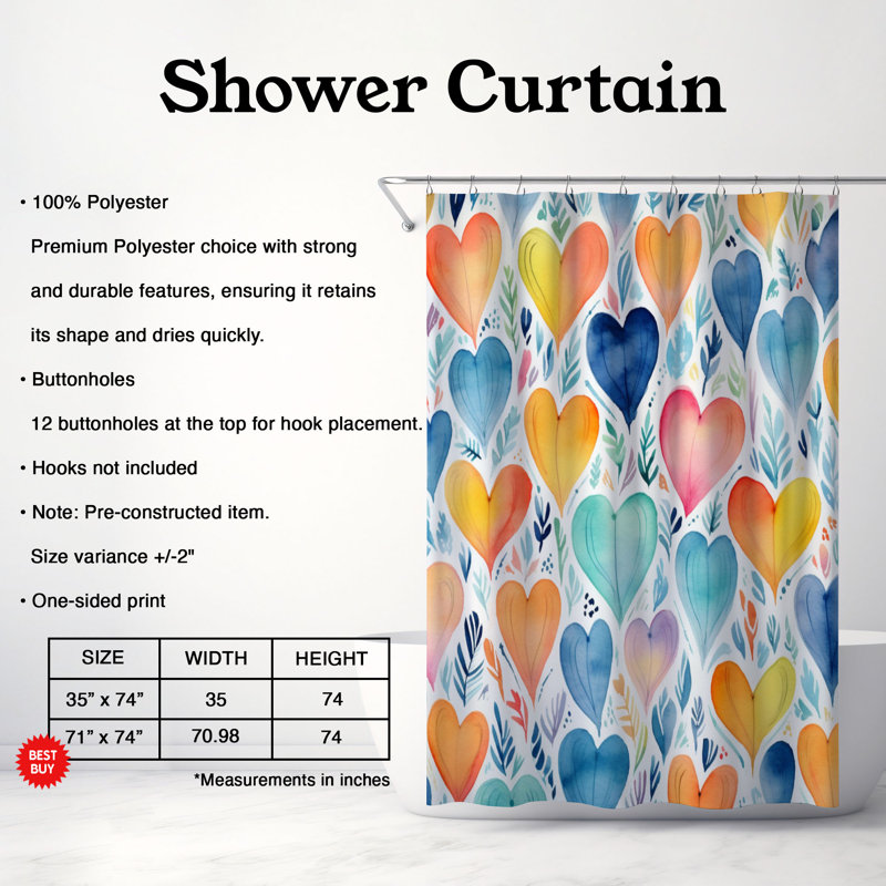 Romantiques motifs - rideau de douche standard 1 pièce, H 74 po x l 71 po