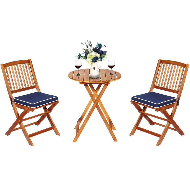 3-Piece Folding Acacia Wood Patio Bistro Set with Navy Cushions