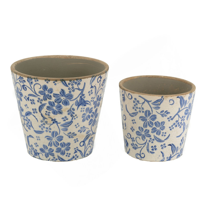 Ceramic Planters with Floral Motif - Set of 2 - Blue /White