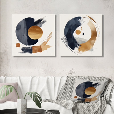 Symétrie de lever de soleil géométrique brun et noir I - formes abstraites - art mural moderne, 2 pièces