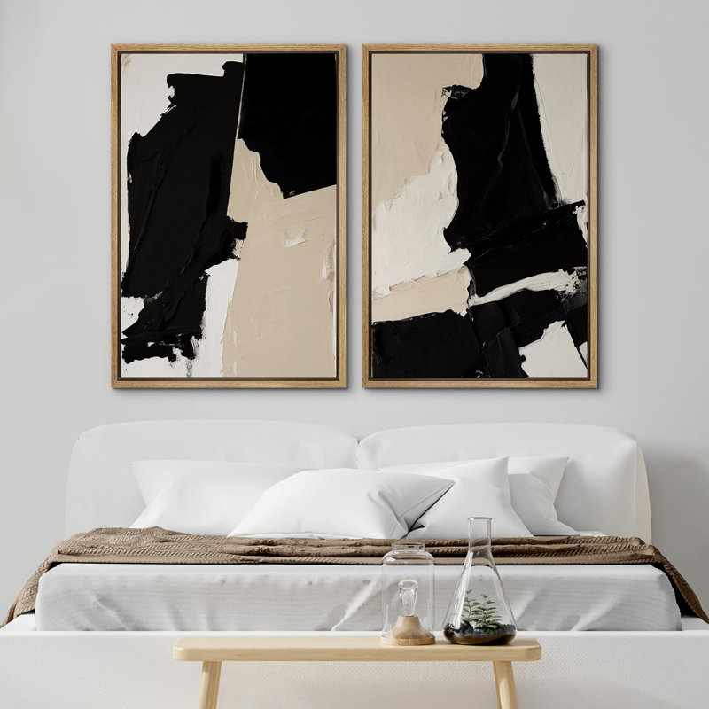 Noir et brun clair, coup de pinceau, collage, style minimaliste Mid-Century, grunge, abstrait géométrique, 2 pièces, Naturel