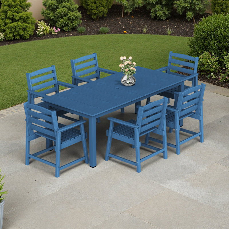 Table et chaises de salle à manger d'extérieur standard 7 pièces, convenant à de multiples décors, Bleu très foncé