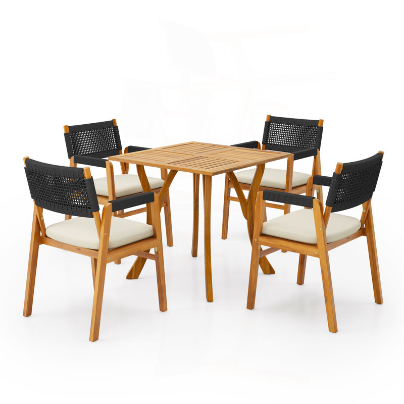 Ensemble bistro d'extérieur en acacia avec coussins, corde en teck et corde noire 5 pièces