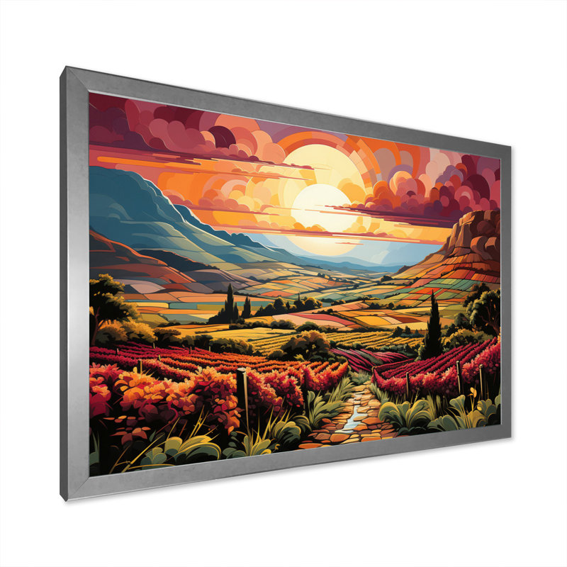 «Vineyard Sunset Rows Of Ruby Landscape II», reproduction sur toile, Cadre photo argenté, H 12 po x l 20 po x P 1 po