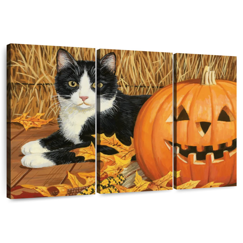 Citrouille d'Halloween et chaton noir, H 20 po x l 33 po