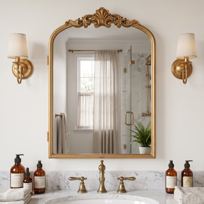 Armoire à pharmacie murale arquée avec coin décoratif orné - miroir de salle de bain de style rétro avec rangement, 3 tablettes réglables, or brossé, 20 po x 26 po