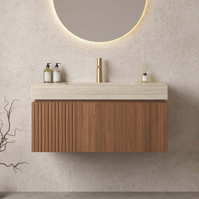 36" Bathroom Vanity & Sink, Floating Plywood Storage Cabinet With Drawer & Door, Roma Travertine Sintered Stone Top & Ceramic Basin With 1 Pre-Drilled Faucet Hole, Pre-Assembled