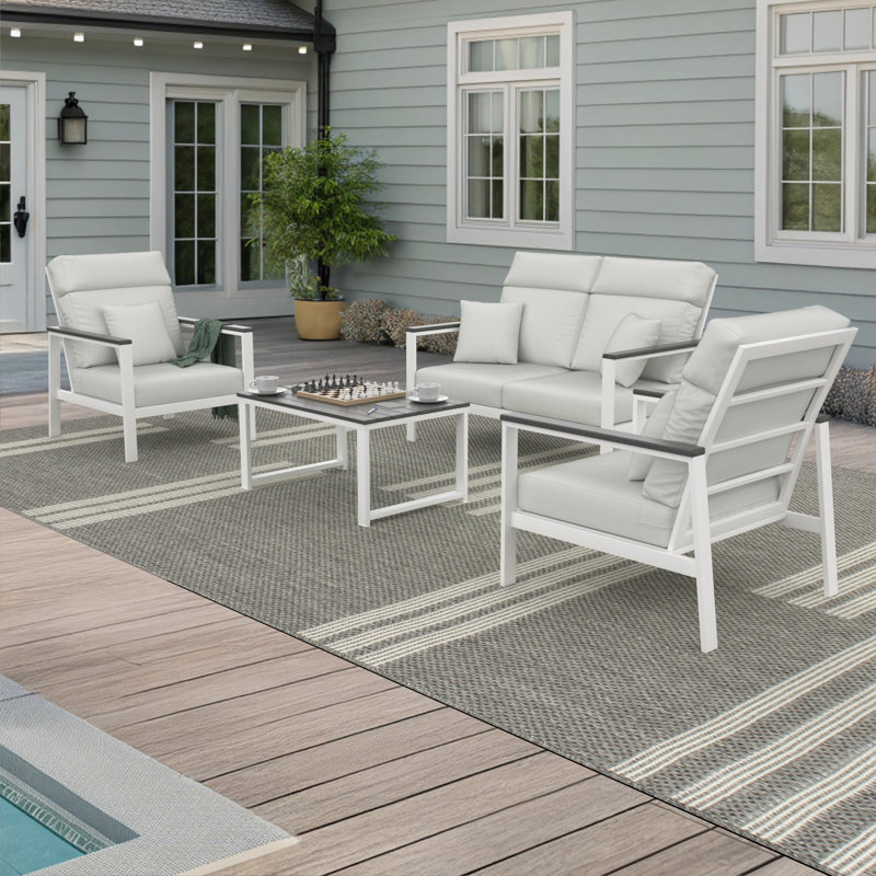 Ensemble de conversation Townsend pour 4 personnes avec coussins Sunbrella, Toile blanche, Gris