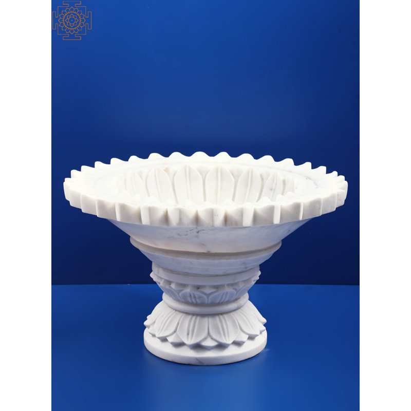 20" Wide Handcrafted White Marble Urli Bowl with Lotus Base – Traditional Indian Stone Decorative Centerpiece​