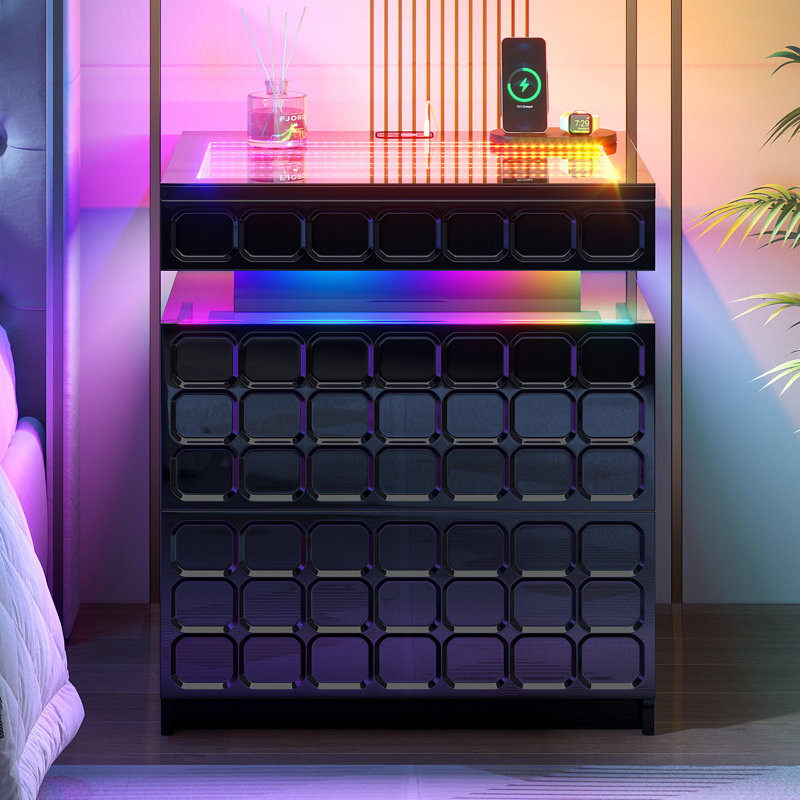 50cm W Bedside Table with 3D Mirror Abyss and Sensor RGB Lighting, 2-Drawer Bedside Table with Hidden Storage And Lockable
