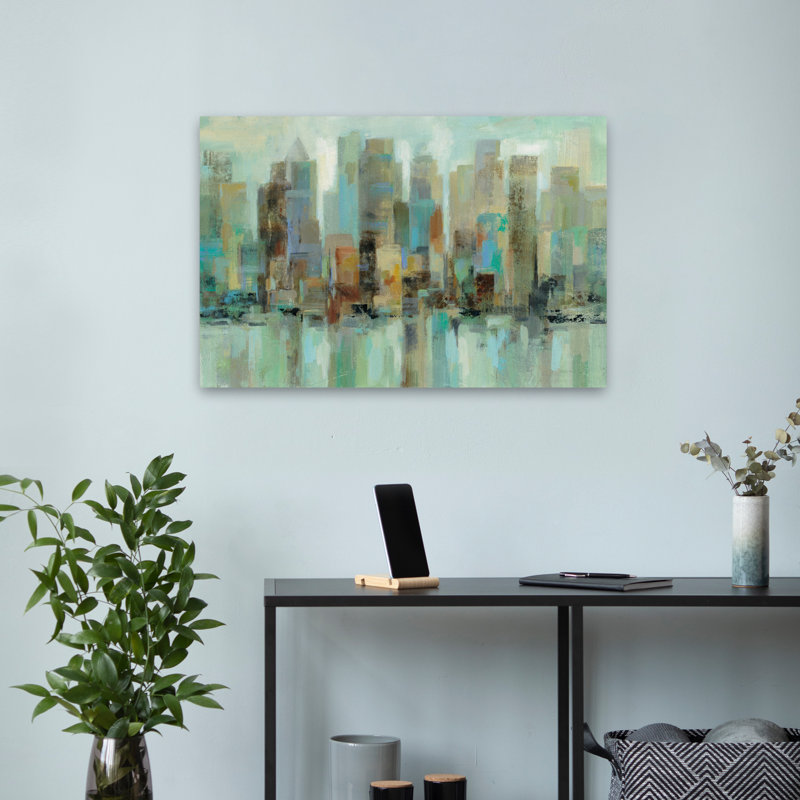 Réflexions matinales - bâtiments abstraits bleu-brun, H 24 po x l 16 po
