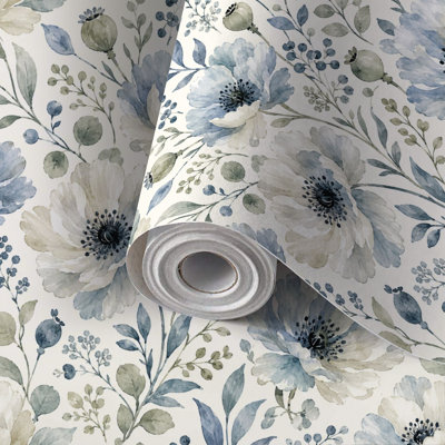 Papier peint adhésif peler et coller en PVC, revêtement mural auto-adhésif amovible avec imprimé floral rétro de fleurs blanches et de feuilles bleues et vertes, imperméable pour la décoration intérieure - Rouleau