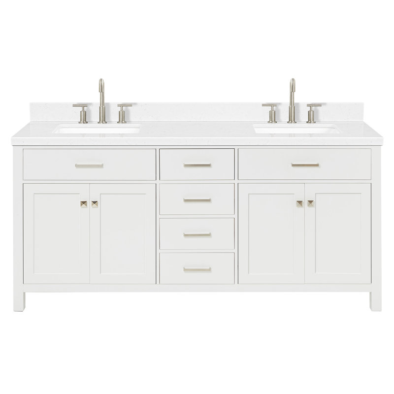 2_ARIEL Bristol 72 Double Sink Bathroom Vanity with Carrara White Quartz, White, Rectangle, 72"