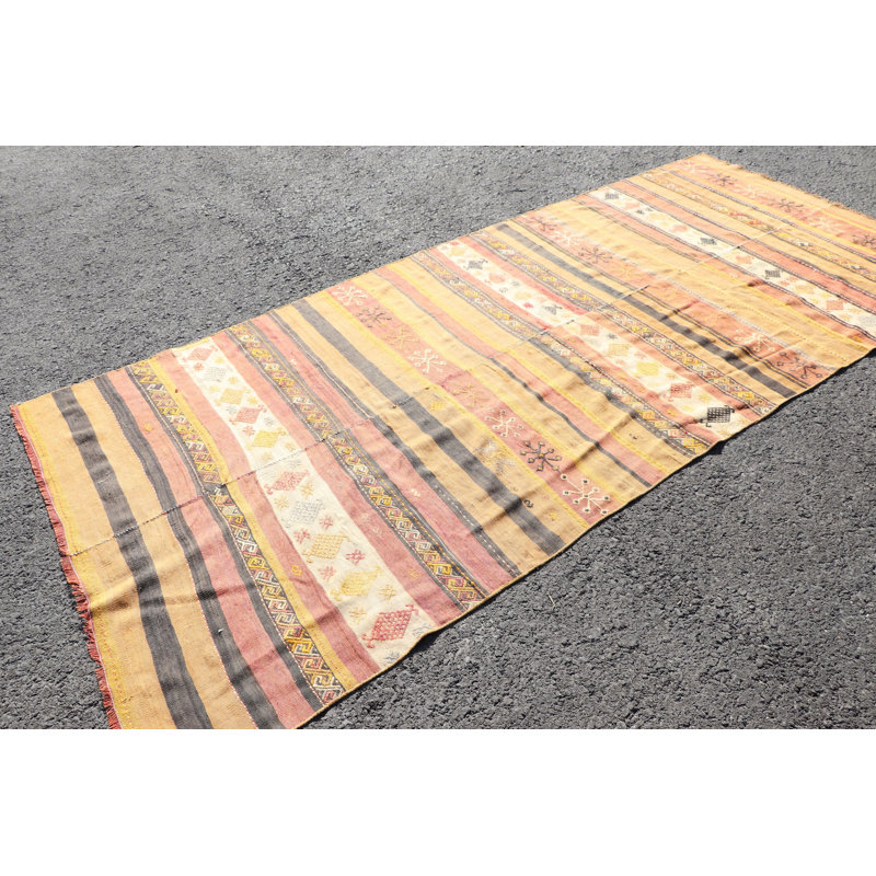 Grand tapis kilim turc fait à la main avec un motif rayé en laine biologique, idéal pour la décoration intérieure
