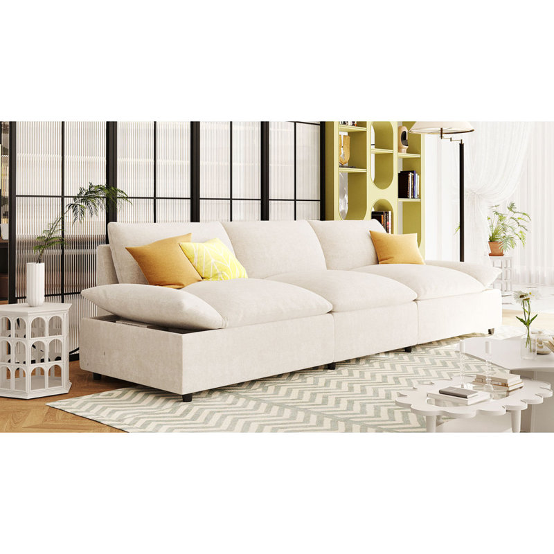  Canapé rembourré 3 places avec rangement, Beige