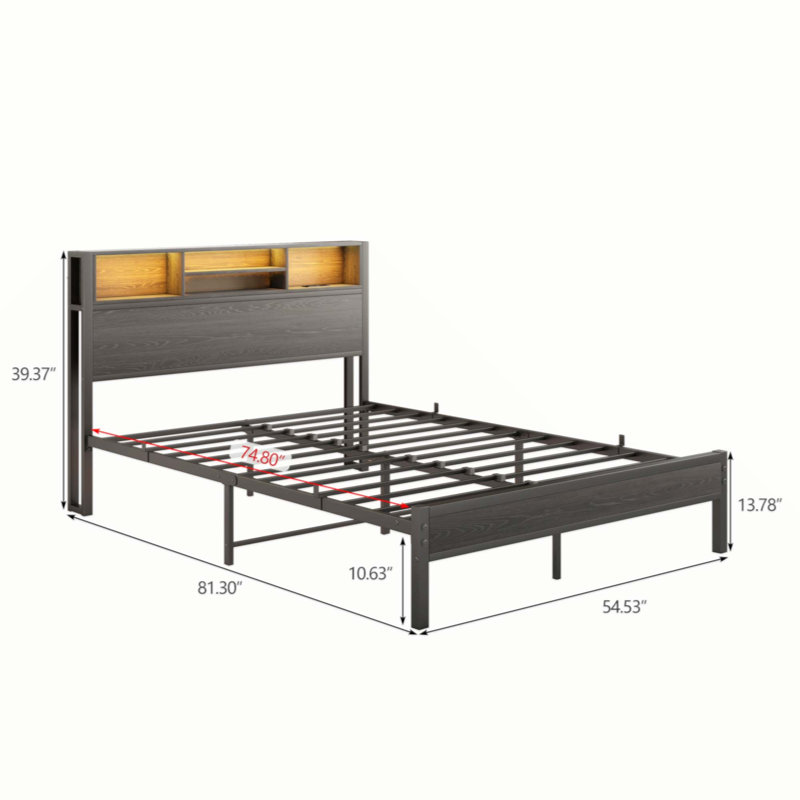 Full Size Bed Frame with Storage Headboard, Metal Platform Bed with Charging Station, Bookcase Storage, No Box Spring Needed, Easy Assembly, Noise-Free, Black 