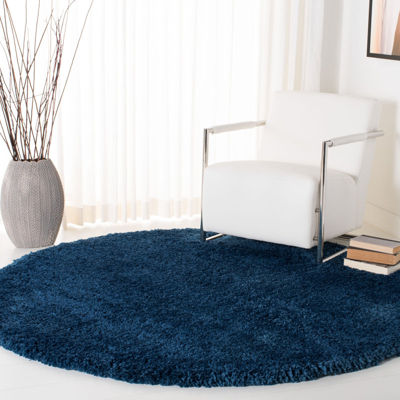 Tapis ivoire à poils longs Sador, Blue, Rond 6 pi 7 po