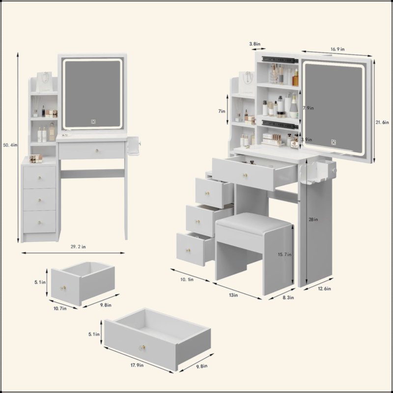 Small Size Left Bedside Cabinet Vanity Table + Cushioned Stool, 2 AC+2 USB Power Station, Hair Dryer Bracket, Extra Large Touch Control Sliding LED Mirror, Tri-Color Switching, EPA,GCC,UL Certificate