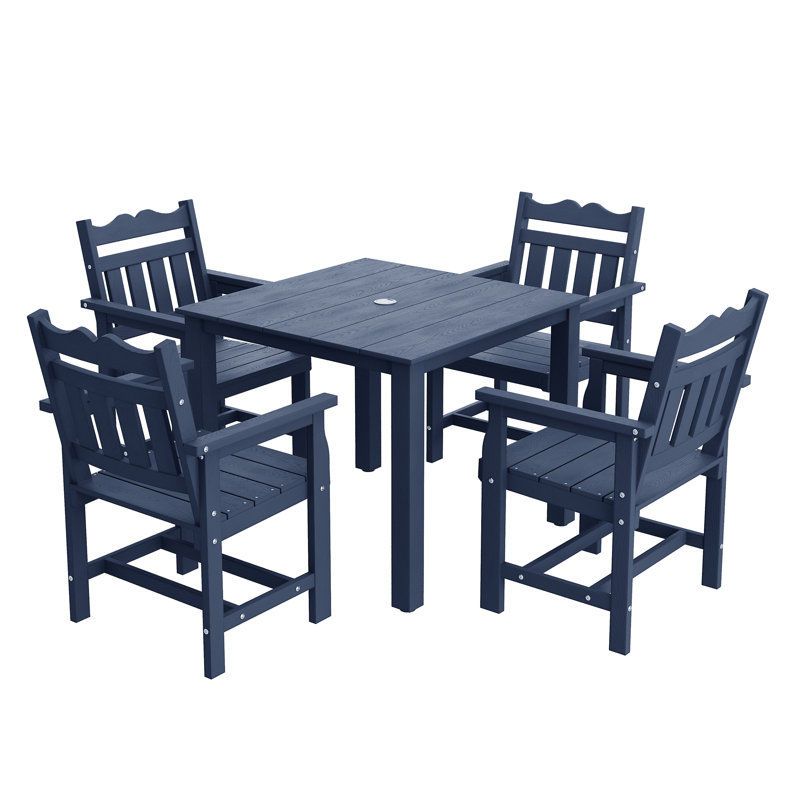 5 PCS Outdoor HIPS Dining Set, All-Weather Patio Table and Chairs W/ Umbrella Hole, Low Maintenance for Porch, Backyard, Navy