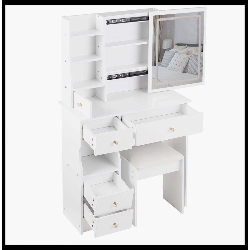 29.2" Small Size Left Drawer Desktop Vanity Table + Cushioned Stool, Large Sliding, Touch Control, Tri-Color Switching, Brightness Adjust LED Mirror, High Capacity Storage, Suitable For Small Space
