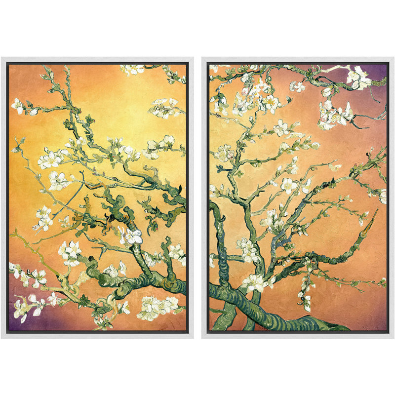 «Amandier en fleurs» par Vincent van Gogh, H 36 po x l 48 po x P 1,5 po, Dégradé de pêche doré, Cadre blanc