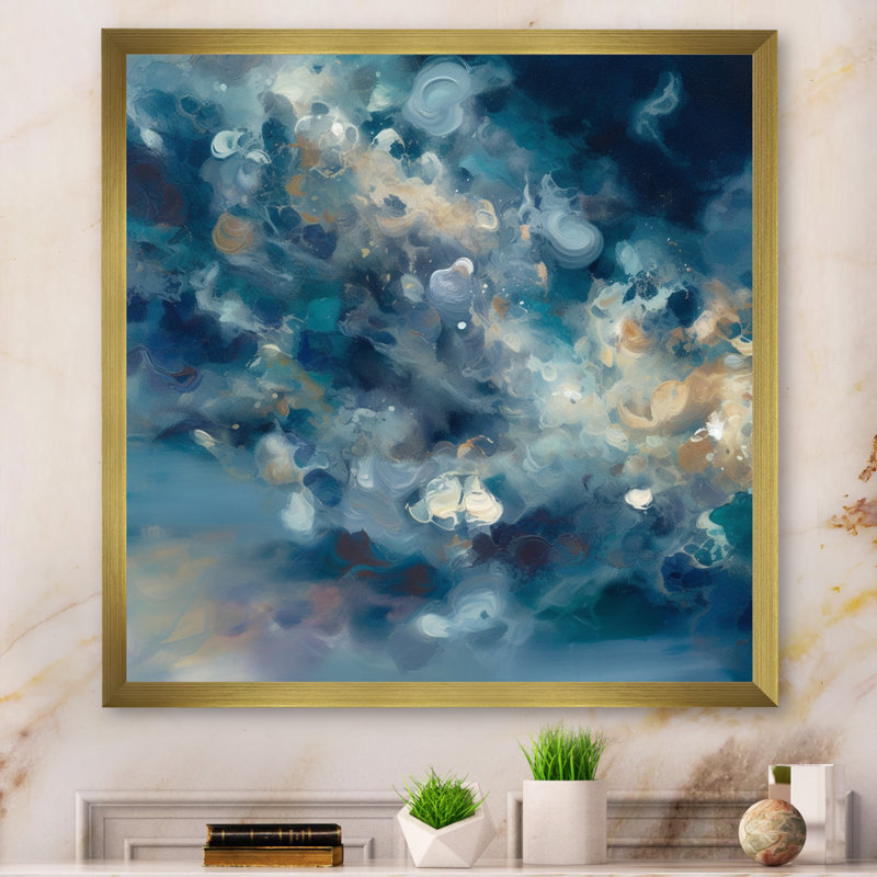 "Rosenda Seascape", peinture abstraite encadrée, H 16 po x l 16 po x P 1 po, Encadrement doré