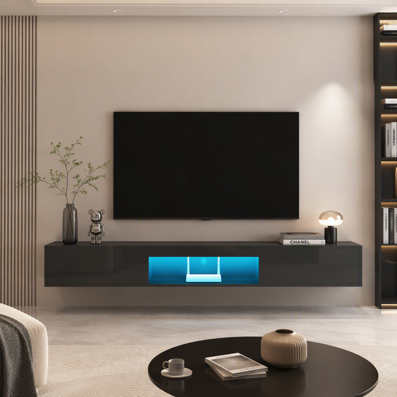 Meuble télé mural suspendu avec 16 DEL de couleur, centre de divertissement pour téléviseurs de 55, 60 et 65 pouces