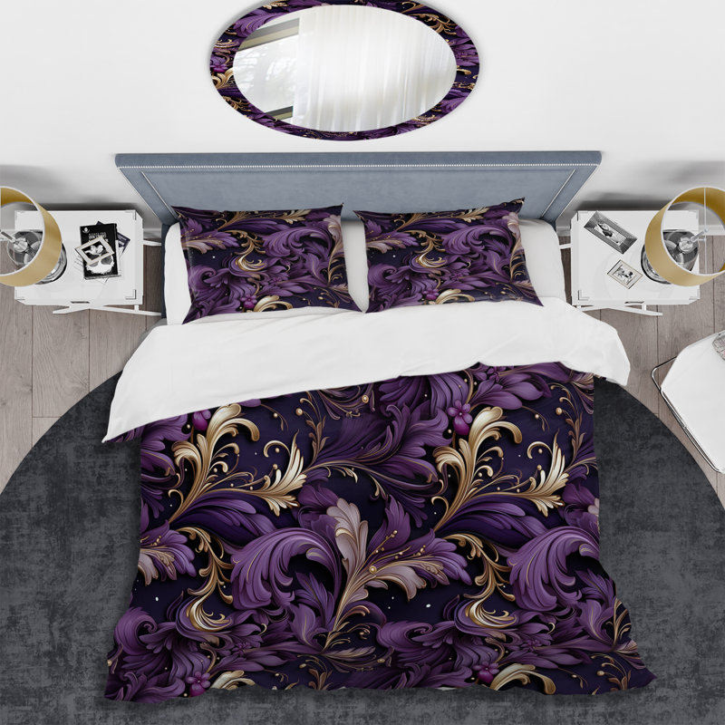 Glamorous Gold And Purple Damask Pattern III - Ensemble de housse de couette en marbre