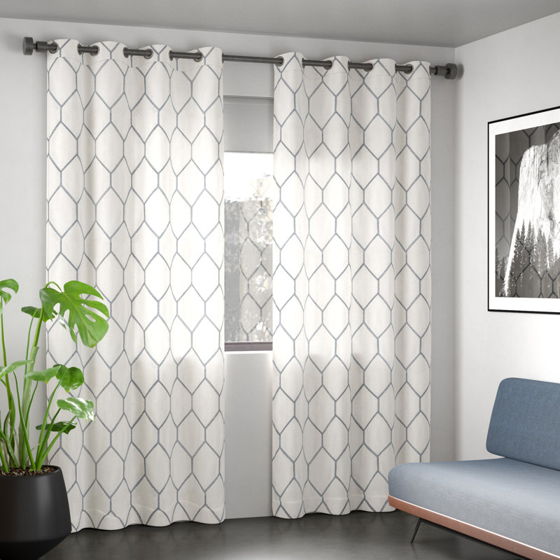 Gray Geometric Embroidered Light-Filtering Curtain Panel
