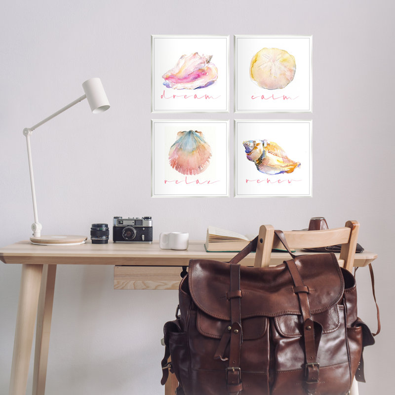 Aquarelle, coquillages avec phrases, ensemble de 4 plaques murales par John Keeling