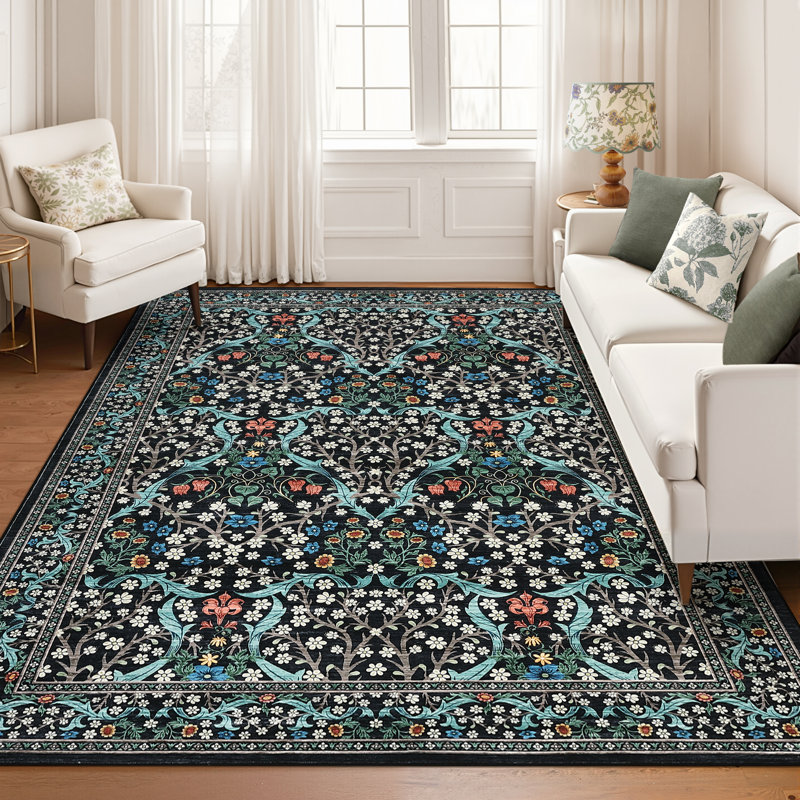 Vintage Floral Area Rug Washable Rugs Stain Resistant Easy Cleaning Indoor Carpet With Non-Slip Backing Low Pile Floor Cover Non Shedding Folding Throw Carpet For Home Decor