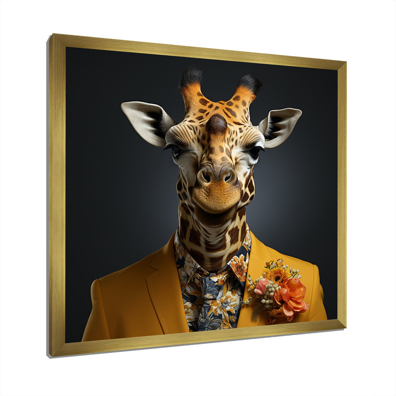 Jaune et noir habillé de mode girafe - girafe, art mural animal, Cadre doré simple, H 16 po x l 16 po x P 1 po