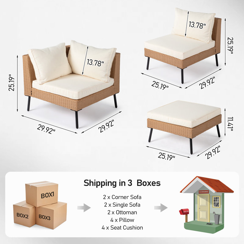 Canapé modulaire en osier de patio 6 pièces avec coussins beiges, Beige, Jaune