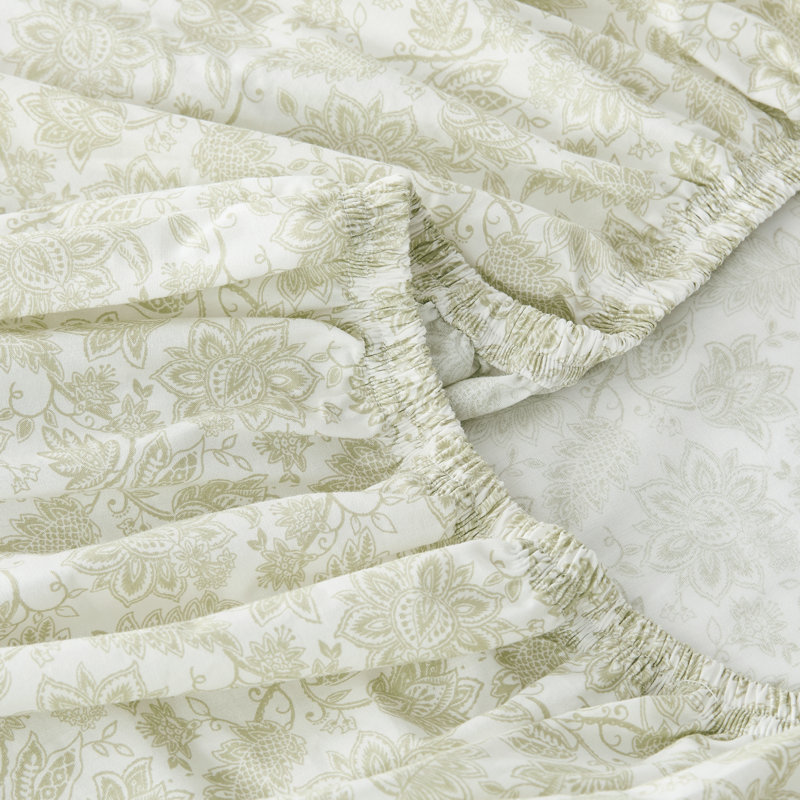 Floral Jacobean Cotton Sheet Set Sage, King Sheet Set with 2 Pilowcases