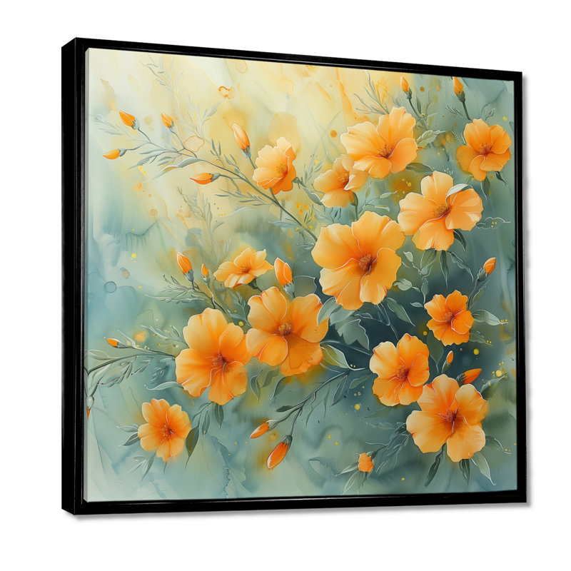 Orange vert, branches délicates de souci - art mural souci, Gold Floater Framed, H 36 po x l 36 po