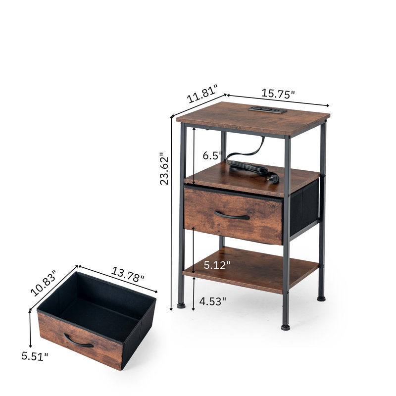 3-Tier Nightstands With Charging Station,Set Of 2,End Table,Bed Side Table With Fabric Drawer