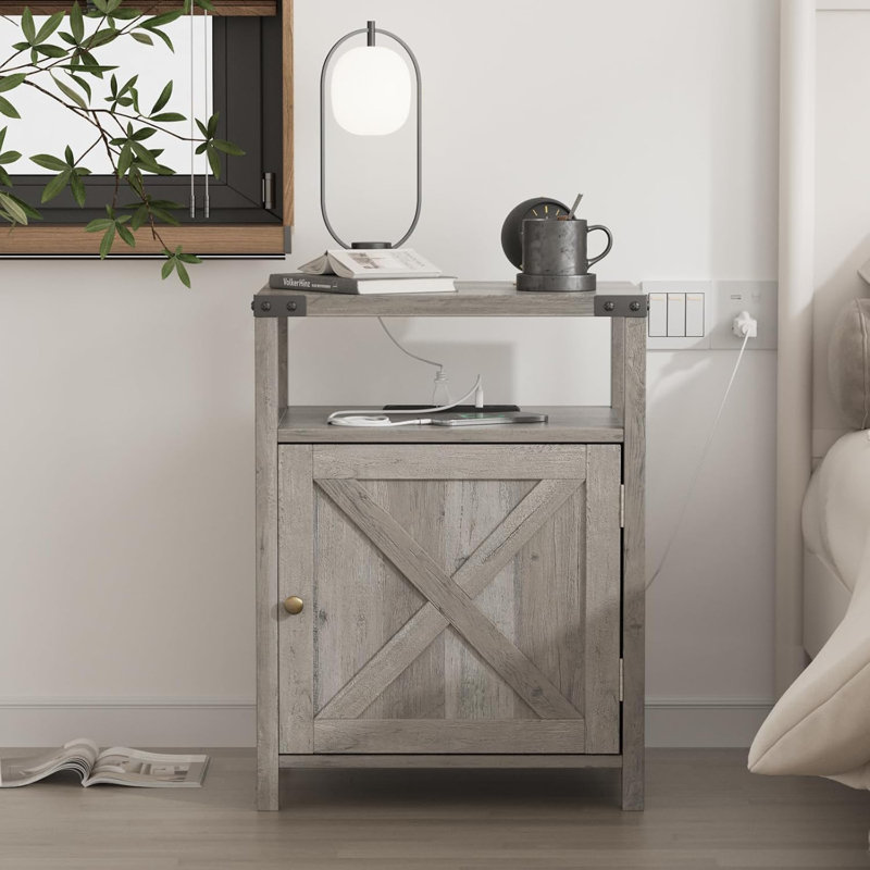 Gray Farmhouse Nightstands with Charging Station and Storage Cabinet, Set of 2