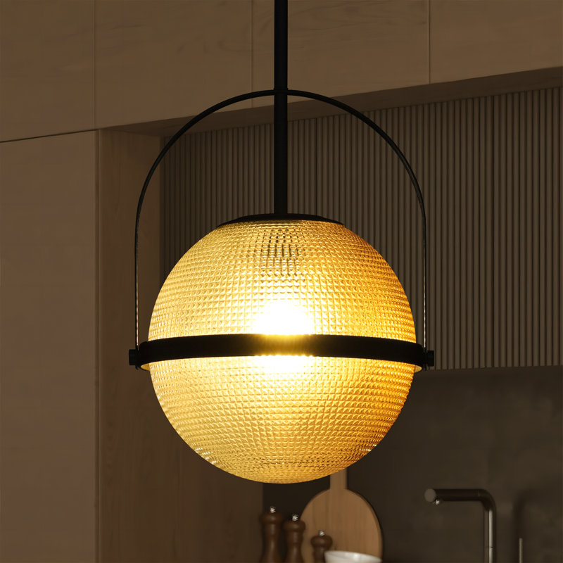 Luminaire suspendu industriel moderne à 1 lumière avec abat-jour en verre Gridora, Noir mat