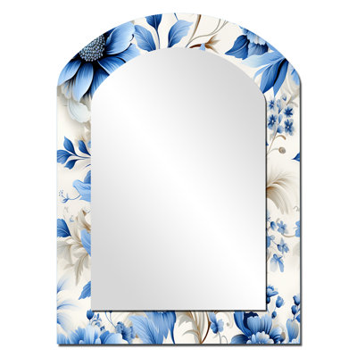 Intricate Cobalt Lace Victorian Pattern - Floral Arch Decorative Mirror, Cottage Asymmetrical Wall Mirror, Printed Metal Art