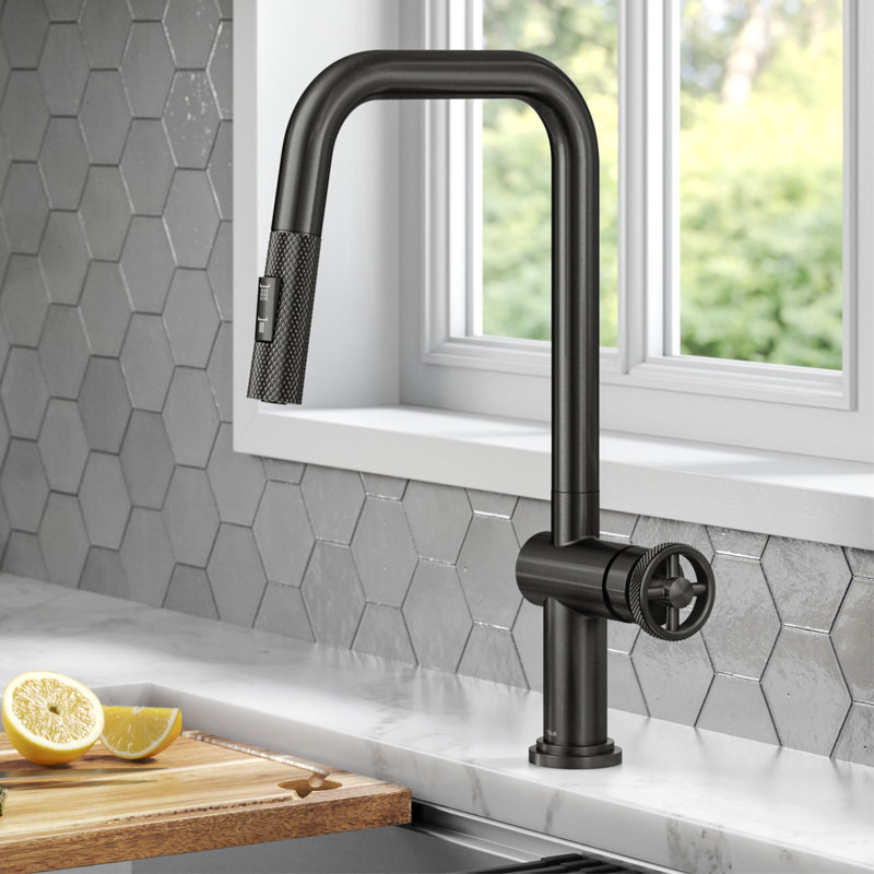 Urbix Industrial Pull-Down Single Handle Kitchen Faucet, Black Stainless