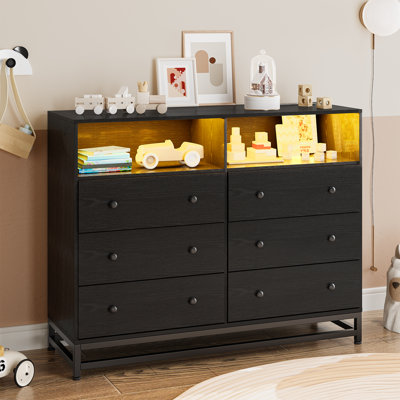6 Drawer Double Dresser Tv Stand, Bedroom Dresser With Power Outlet & Led Light, Wood Dresser For Nursery, Living Room, Hallway, 47.2
