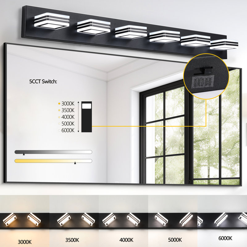 Sleek 6- Bathroom Led Vanity , Iron & Acrylic, Dimmable, Energy Saving, 36W, 100 - 120V, 5.7In Package Depth, Black Modern Wall Fixture, Black, 40.98In Long