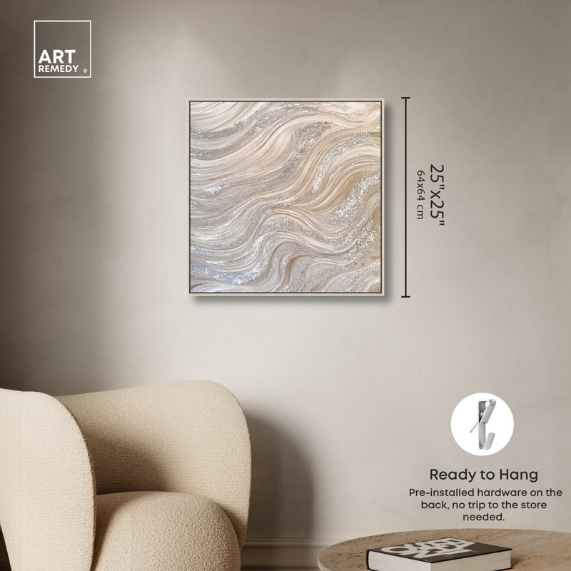 Silver Waves I Canvas Minimalist Abstract by Art Remedy, Silver Floater Framed, 25" H x 25" W x 2" D