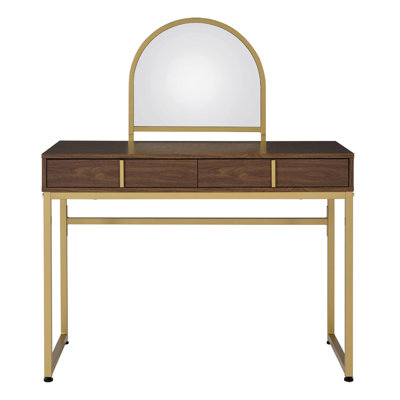 Bureau de coiffeuse 2 tiroirs avec miroir et plateau à bijoux, noyer et or