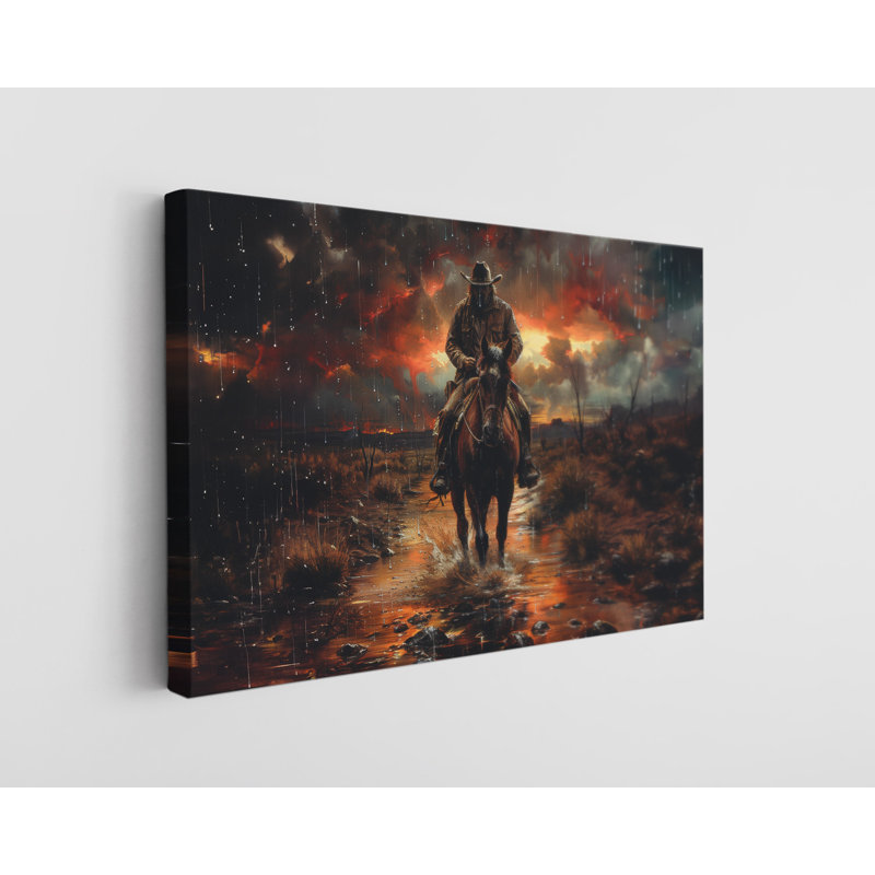 «Lone Cowboy Riding His Horse Under Rain», impression sur toile murale moderne pour la maison et le bureau, H 20 po x l 30 po